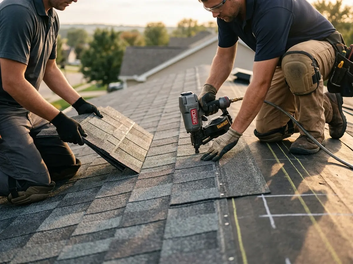 Professional roofer working on a residential roof in Kenmore
